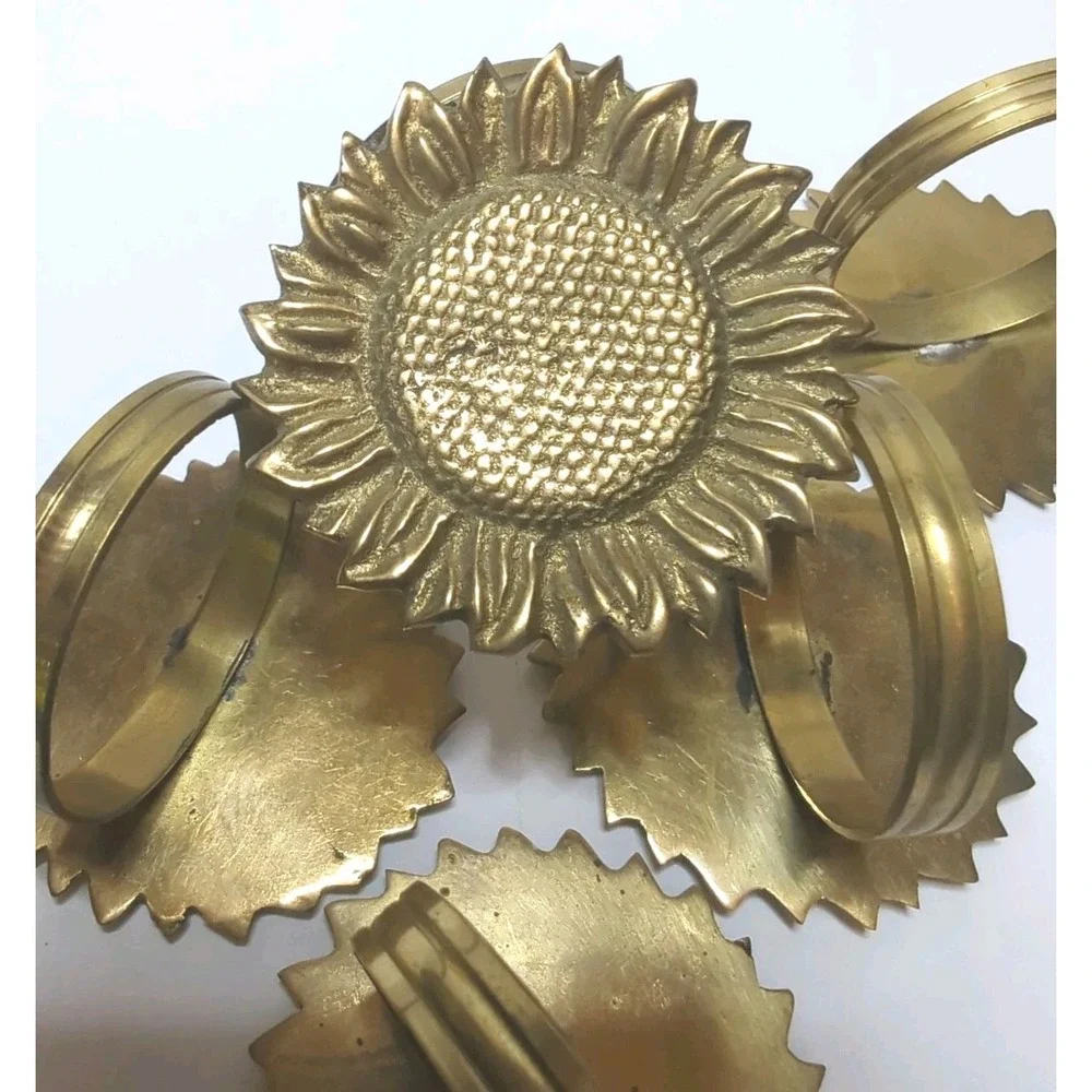 MCM Cast Brass Metal Set 6 Sunflower Napkin Rings Cottagecore Botanical Vintage